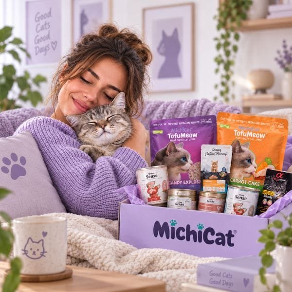 Gato y tutora felices recibiendo su pedido MichiCat